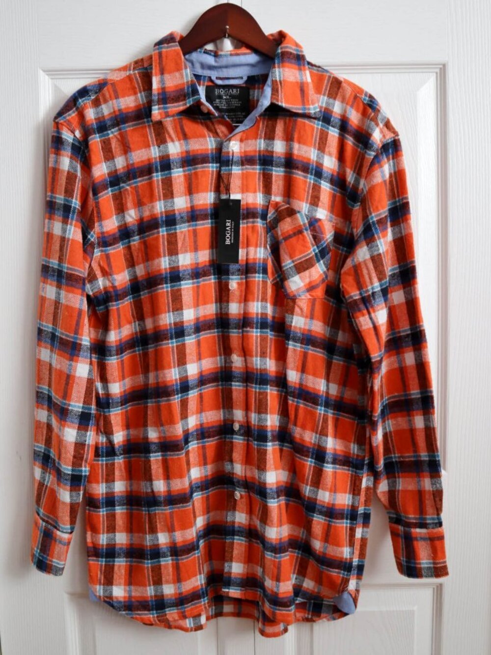 Bogari Italy Orange & Blue Plaid Flannel Shirt Men's XL Soft Cotton Blend NEW
